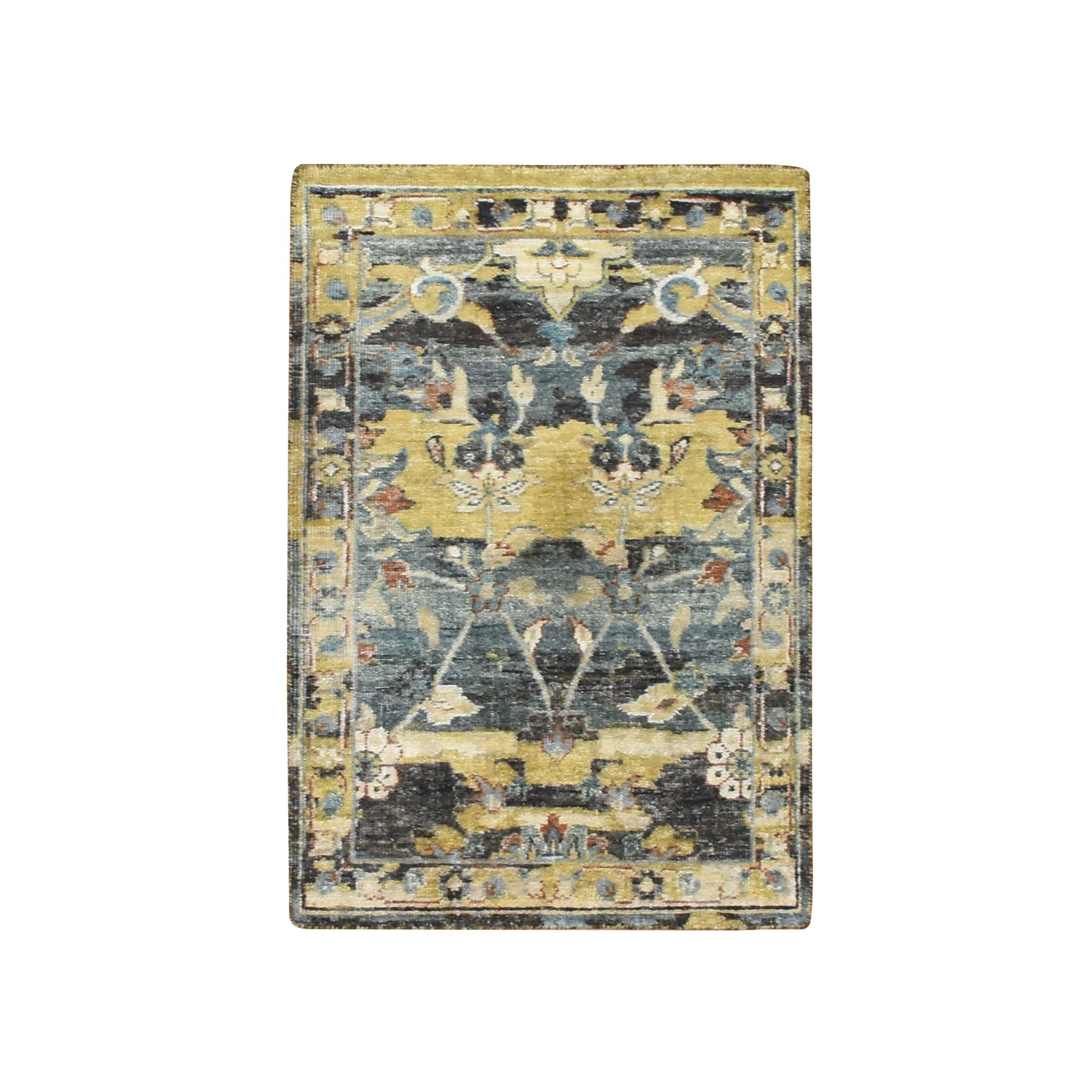 2'x3'3" Stone Blue with Yellow, Abrash Persian Design, 100% Wool, Hand Knotted, Shaved Low, Zero Pile, Mat, Sample, Oriental Rug 